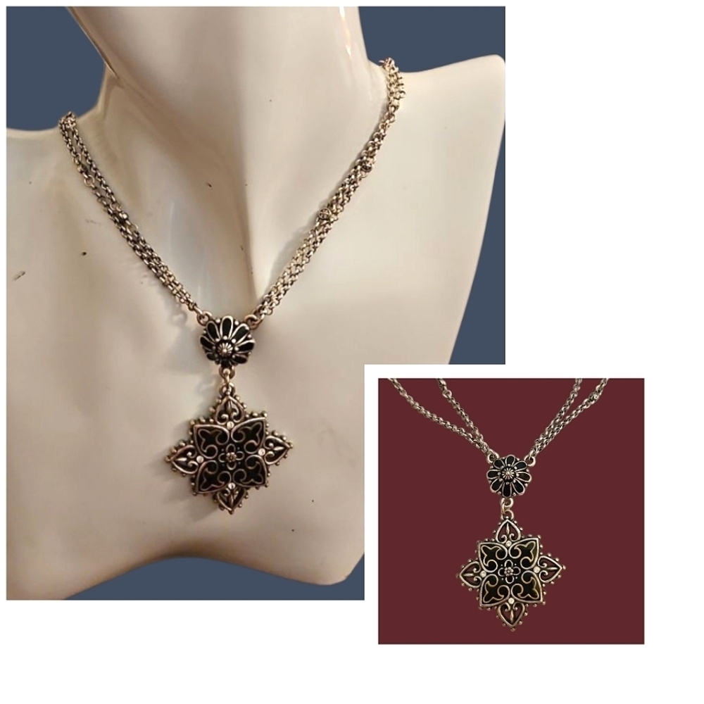 BRIGHTON Black Floral Pendant Double Chain Necklace